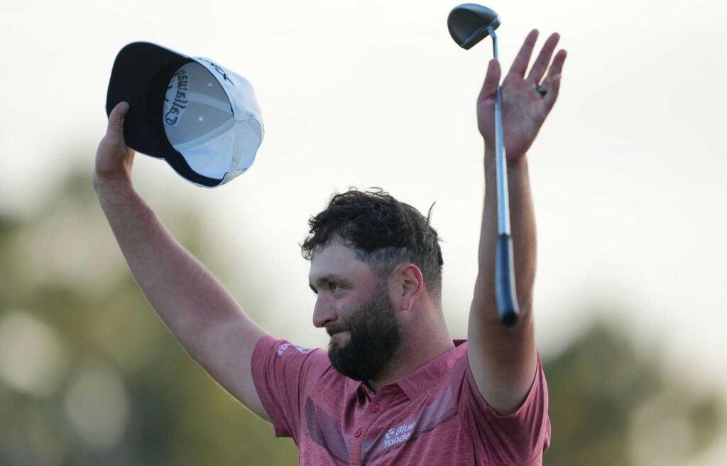 Jon Rahm of Spain celebrates victory after winning the 2023 Masters golf tournament at Augusta National Golf Club, in Augusta, the United States, on April 9, 2022.