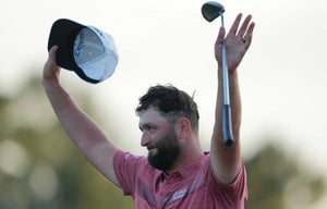 Jon Rahm of Spain celebrates victory after winning the 2023 Masters golf tournament at Augusta National Golf Club, in Augusta, the United States, on April 9, 2022.