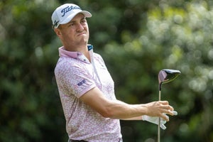Justin Thomas of the United States follows through his tee shot from the 14th hole during the Final Round at the Wells Fargo Championship at Quail Hollow Golf Club on May 7, 2023 in Charlotte, North Carolina.