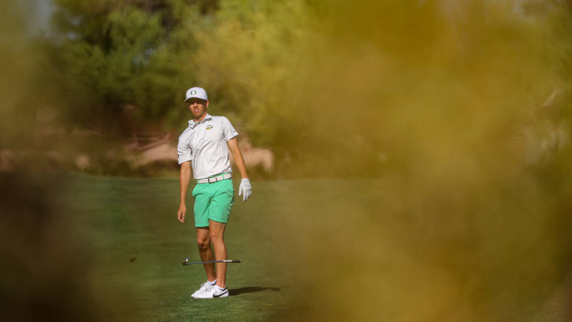 Gregory Solhaug of the Oregon Ducks drops his club in frustration after hitting his approach shot during the Division I Men's Golf Championship held at Grayhawk Golf Club on May 27, 2023 in Scottsdale, Arizona.