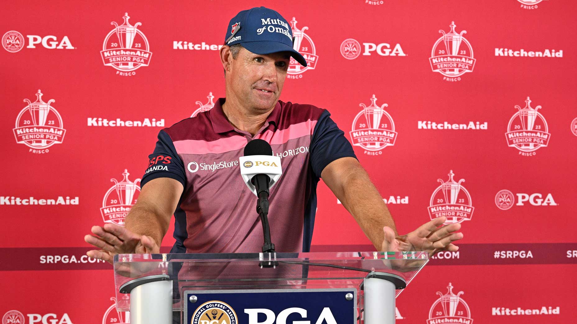 Padraig Harrington of Ireland speaks to the media after completing his third round of the KitchenAid Senior PGA Championship at Fields Ranch East at PGA Frisco on May 27, 2023 in Frisco, Texas.