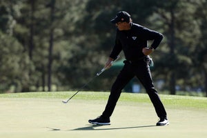Phil Mickelson of the United States reacts to his birdie putt on the 18th green during the final round of the 2023 Masters Tournament at Augusta National Golf Club on April 09, 2023 in Augusta, Georgia.