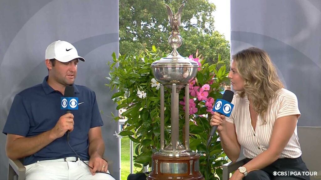 Scottie Scheffler and Amanda Renner on CBS at the Charles Schwab Challenge.