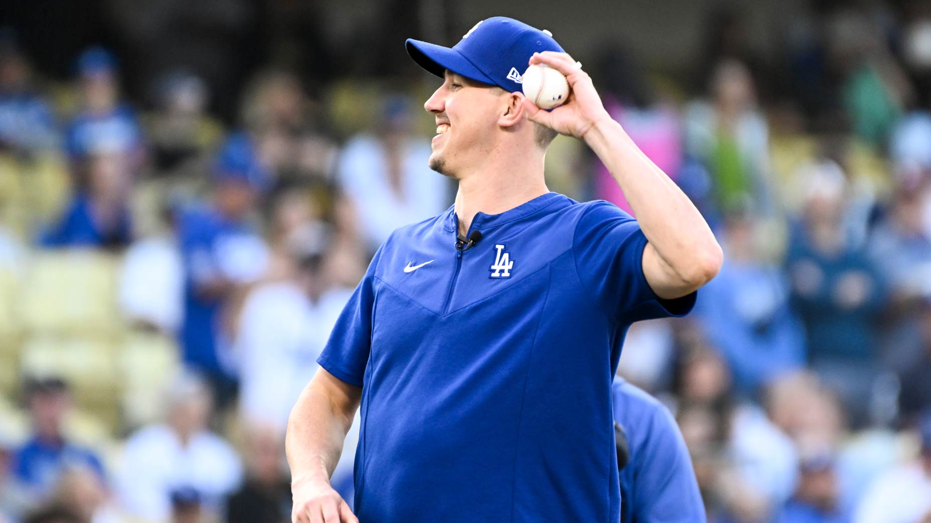 Los Angeles Dodgers Walker Buehler throws out the first pitch before game two of the NLDS against the San Diego Padres at Dodger Stadium on Wednesday, Oct. 12, 2022 in Los Angeles, CA.