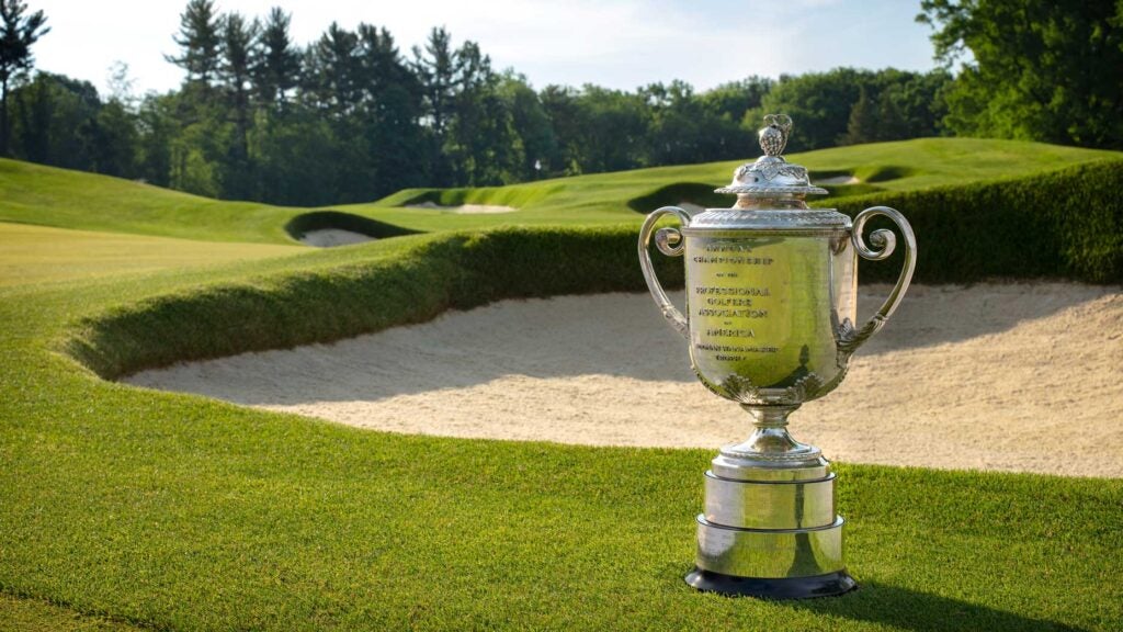 A view of the Wanamaker trophy on the 12th hole at Oak Hill Country Club on June 7, 2021 in Rochester, New York.