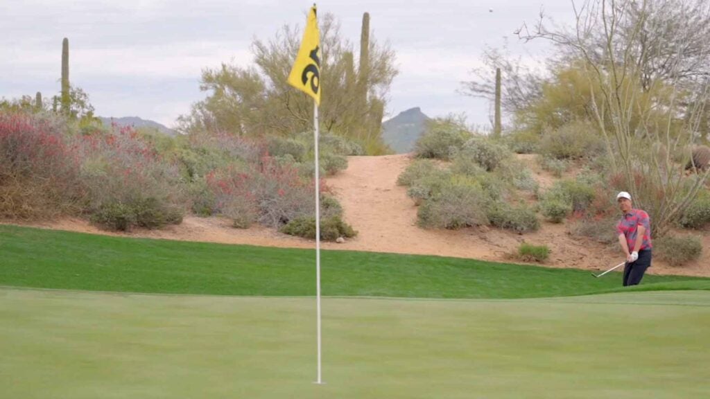 This modernized approach produces a high, soft chip from greenside rough