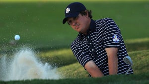 Jason Dufner of the USA plays out from the bunker on the 14th green during day two of the Afternoon Four-Ball Matches for The 39th Ryder Cup at Medinah Country Club on September 29, 2012 in Medinah, Illinois