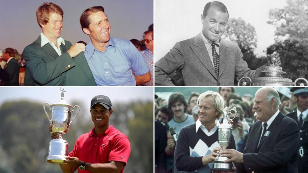 four golfers pose with trophies