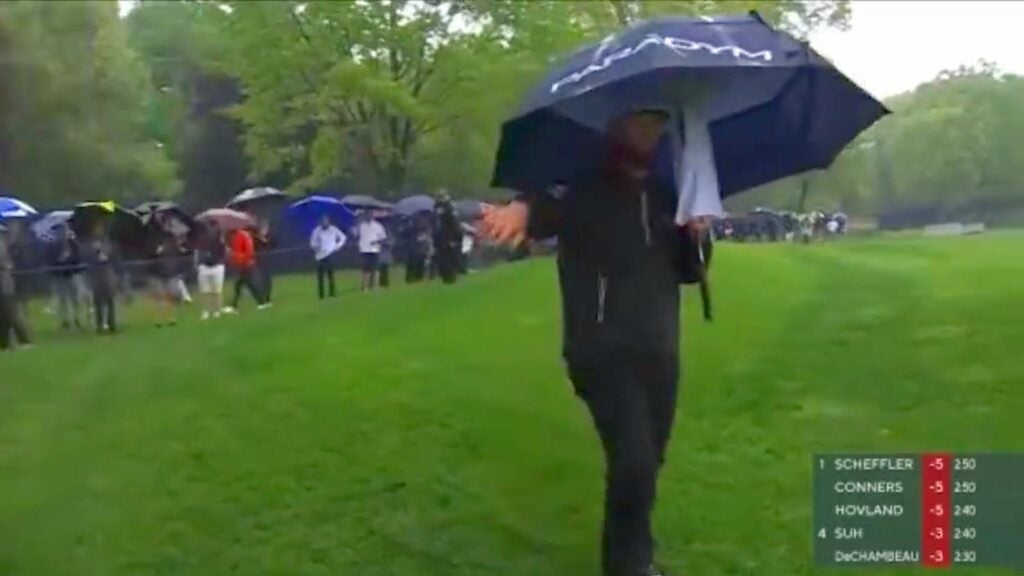 Jon Rahm confronts a cameraman on Saturday at the PGA Championship