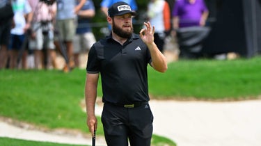 Tyrrell Hatton reacts to putt at PGA Tour event