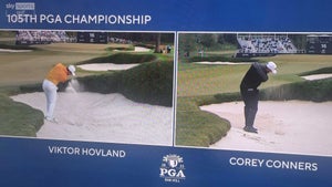 viktor hovland and corey conners hit shots from a fairway bunker