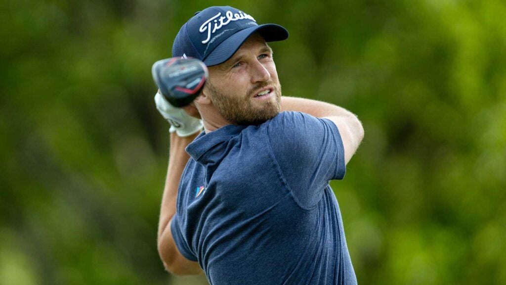 wyndham clark hits a shot at the wells fargo championship