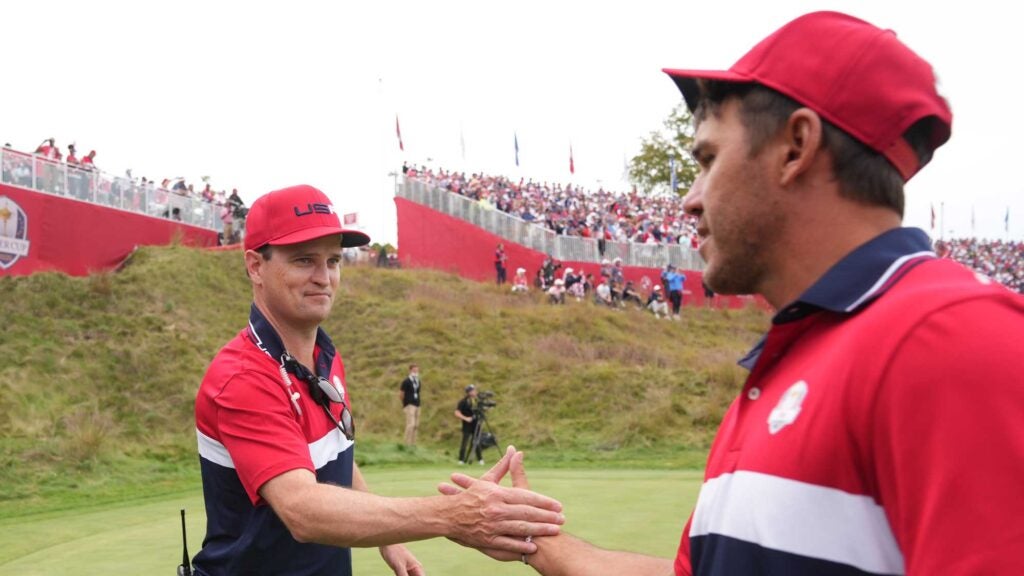 United States Vice-Captain Zach Johnson congratulates Brooks Koepka of Team United States after the United States victory in the 2020 Ryder Cup at Whistling Straits on September 26, 2021 in Kohler, Wisconsin