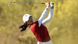 Rose Zhang of the Stanford Cardinal plays a tee shot on the 16th hole during the NCAA women’s Golf Championships at Grayhawk Golf Club on May 22, 2023 in Scottsdale, Arizona