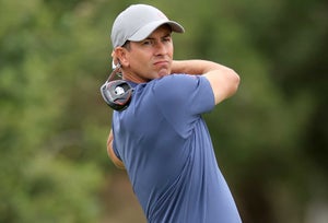 Adam Scott of Australia plays his tee shot on the 12th hole during the first round of the 123rd U.S. Open Championship at The Los Angeles Country Club on June 15, 2023 in Los Angeles, California.