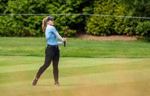 Brooke Henderson hits an approach at Baltusrol Golf Club's Lower Course during a practice round for the 2023 KPMG Women's PGA Championship on June 20.