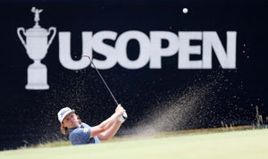Cameron Smith of Australia play a shot from a bunker during a practice round prior to the 123rd U.S. Open Championship at The Los Angeles Country Club on June 12, 2023 in Los Angeles, California.