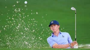 Gordon Sargent of the United States hits from the sand during the second round of the 2023 Masters golf tournament at Augusta National Golf Club, in Augusta, the United States, on April 7, 2022.