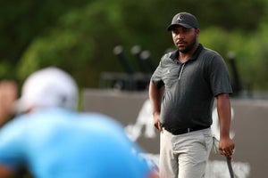 Harold Varner III of RangeGoats GC looks on at the 18th hole during the third round of the LIV Golf Invitational - DC at Trump National Golf Club on May 28, 2023 in Sterling, Virginia.