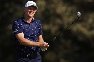 Justin Rose of England plays his shot from the 12th tee during the second round of the 123rd U.S. Open Championship at The Los Angeles Country Club on June 16, 2023 in Los Angeles, California.