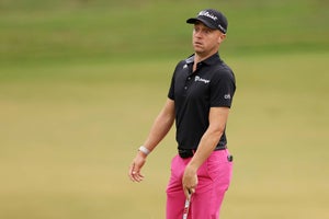 Justin Thomas of the United States reacts to his missed putt on the sixth green during the first round of the 123rd U.S. Open Championship at The Los Angeles Country Club on June 15, 2023 in Los Angeles, California.