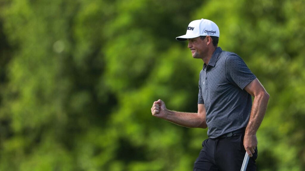 Keegan Bradley of the United States reacts on the 12th green during the final round of the Travelers Championship at TPC River Highlands on June 25, 2023 in Cromwell, Connecticut.