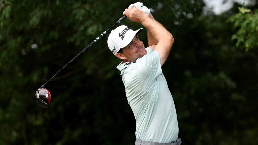 Keegan Bradley of the United States plays his shot from the 12th tee during the third round of the Travelers Championship at TPC River Highlands on June 24, 2023 in Cromwell, Connecticut.