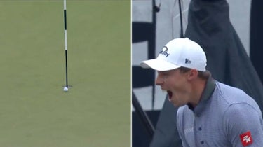 Matt Fitzpatrick of England reacts to his shot from the 15th tee resulting in a hole in one during the second round of the 123rd U.S. Open Championship at The Los Angeles Country Club on June 16, 2023 in Los Angeles, California.