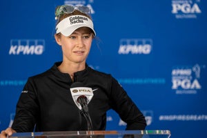 Nelly Korda speaks to the media at Baltusrol Golf Club before the 2023 KPMG Women's PGA Championship on Tuesday, June 20.