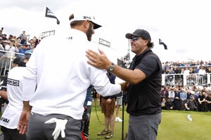 Phil Mickelson (right) and Dustin Johnson during day one of the LIV Golf Invitational Series at the Centurion Club, Hertfordshire.