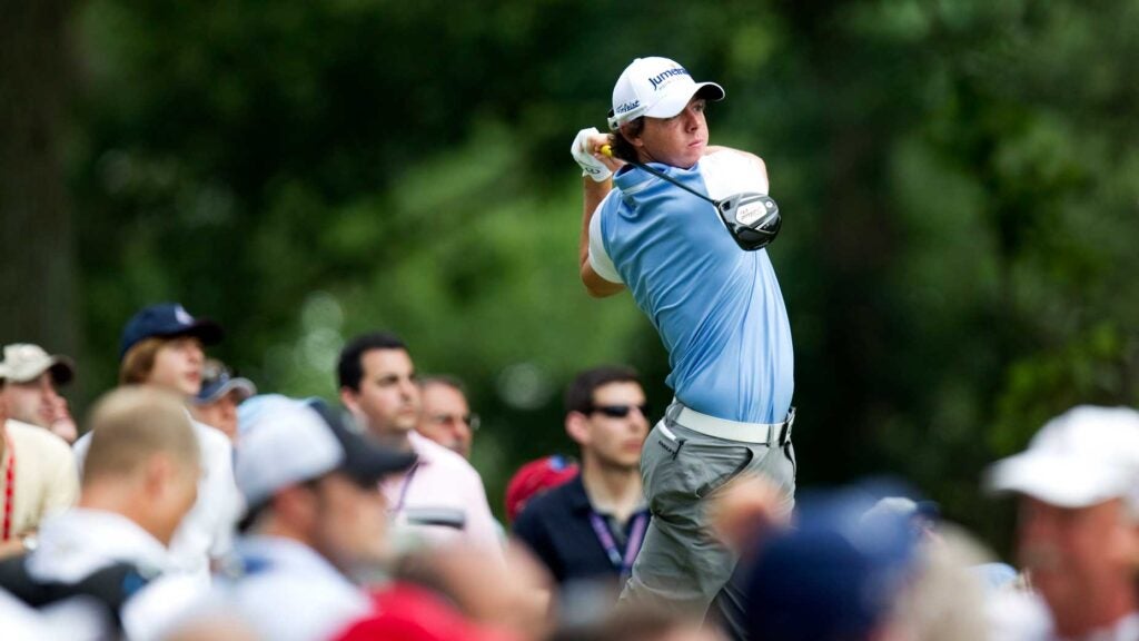 Rory McIlroy of Northern Ireland hits his tee shot on the 4th hole in the third round of the U.S. Open on Saturday, June 18, 2011, at Congressional Country Club in Bethesda, Maryland.
