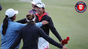 Rose Zhang of the United States celebrates winning the Mizuho Americas Open in a playoff over Jennifer Kupcho of the United States during the final round at the Liberty National Golf Club on June 4, 2023 in Jersey City, New Jersey.