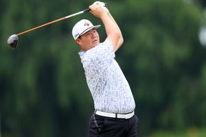 Sungjae Im of Korea plays his shot from the tenth tee during the second round of the 123rd U.S. Open Championship at The Los Angeles Country Club on June 16, 2023 in Los Angeles, California.