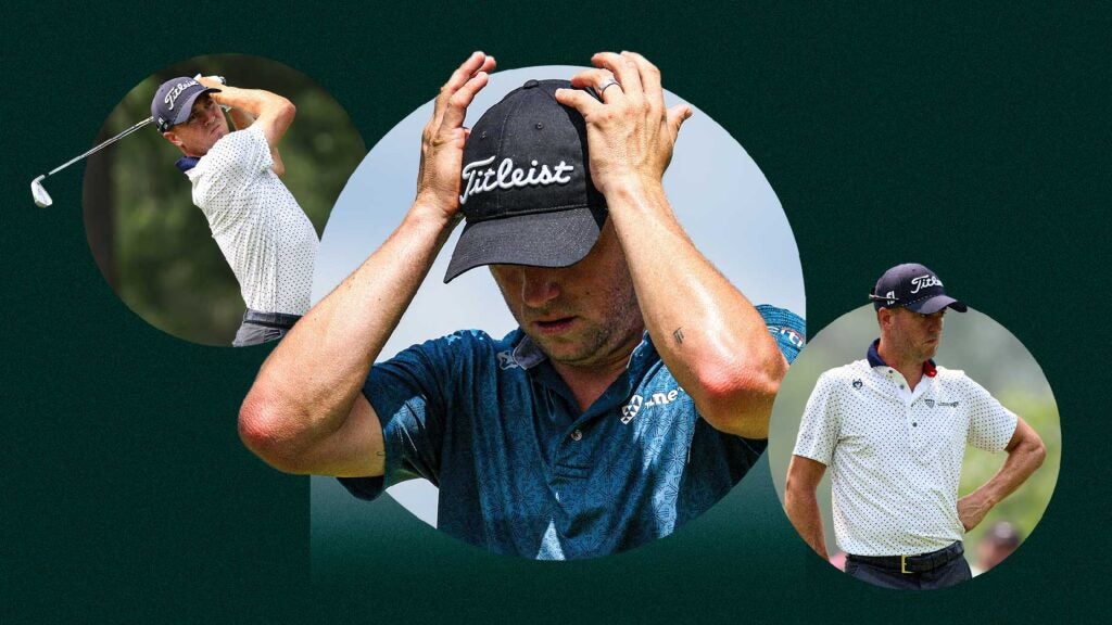 Three-photo collage of Justin Thomas on golf course