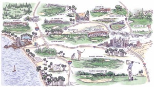 an illustration map of la golf clubs