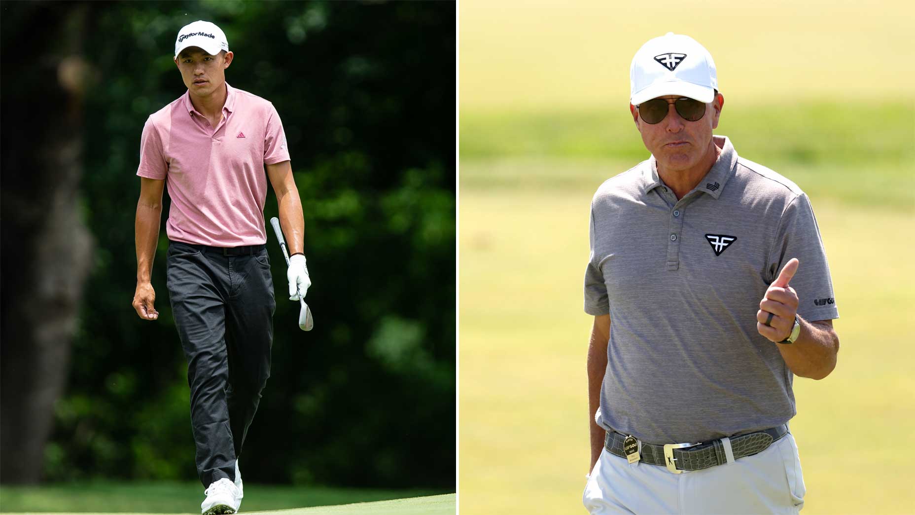 collin morikawa and phil mickelson stand