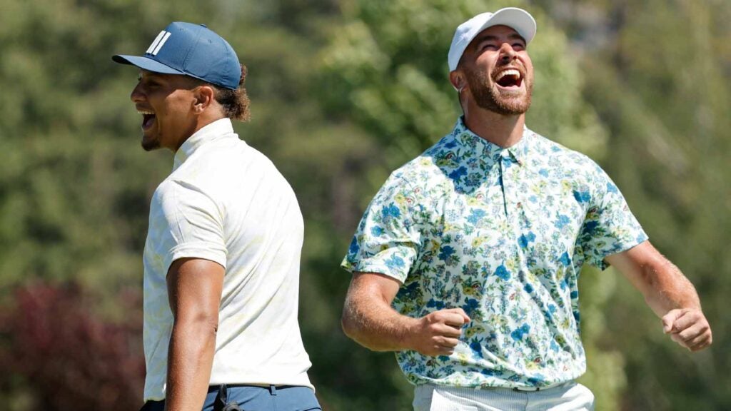 Travis Kelce and Patrick Mahomes celebrate at American Century Championship