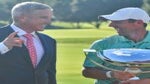 PGA Tour commissioner Jay Monahan shares a laugh with Rory McIlroy after McIlroy won the Tour Championship in August 2022.