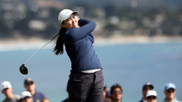 Allisen Corpuz of the United States plays her shot from the 14th tee during the final round of the 78th U.S. Women's Open at Pebble Beach Golf Links on July 09, 2023 in Pebble Beach, California.