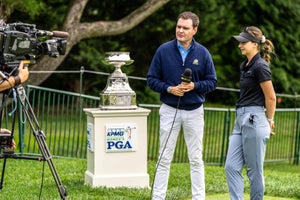 Gabi Ruffels gets ready to do an interview with Golf Channel before the 2023 KPMG Women's PGA Championship.