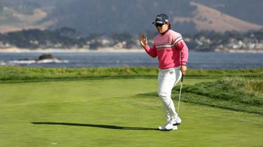 Nasa Hataoka of Japan reacts after making birdie on the 17th green during the third round of the 78th U.S. Women's Open at Pebble Beach Golf Links on July 08, 2023 in Pebble Beach, California.