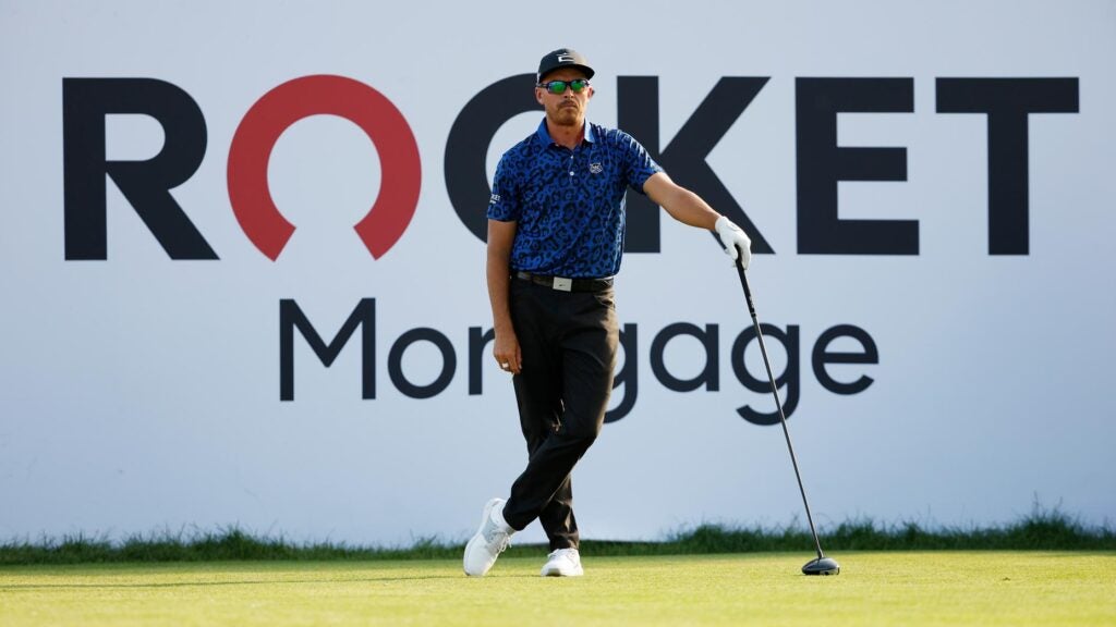 Rickie Fowler of the United States prepares to play his shot from the 18th tee during the third round of the Rocket Mortgage Classic at Detroit Golf Club on July 01, 2023 in Detroit, Michigan.