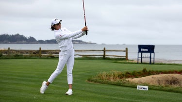 Rose Zhang of the United States plays her shot from the 18th tee during the second round of the 78th U.S. Women's Open at Pebble Beach Golf Links on July 07, 2023 in Pebble Beach, California.