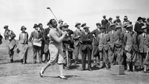 US golfer Walter Hagen (1892 - 1969) in action during the Open Golf Championships at Hoylake, June 1924.