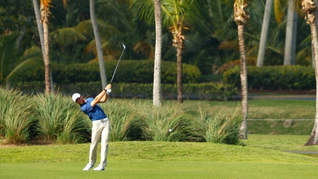 Justin Doeden plays his shot on the fifth hole during the first round of the Puerto Rico Open at Coco Beach Golf and Country Club on February 20, 2020 in Rio Grande, Puerto Rico