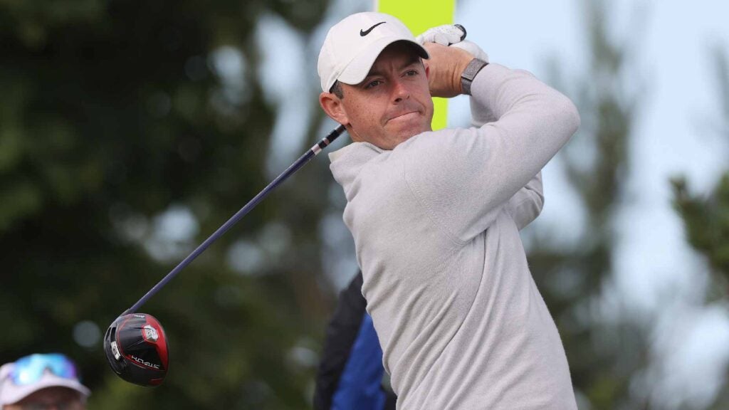 Rory McIlroy hits drive at 2023 Genesis Scottish Open