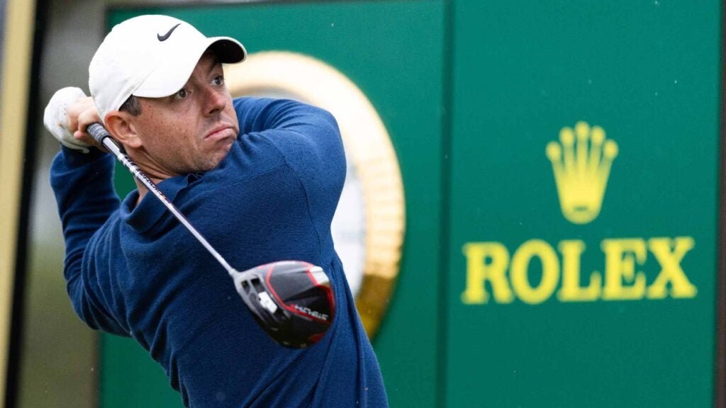 Rory McIlroy hits drive on Friday at 2023 Genesis Scottish Open