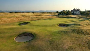 A view of the green on the par-4 first hole (plays as the 17th hole for the club routing) at the Open Championship at Royal Liverpool Golf Club in Hoylake, England.