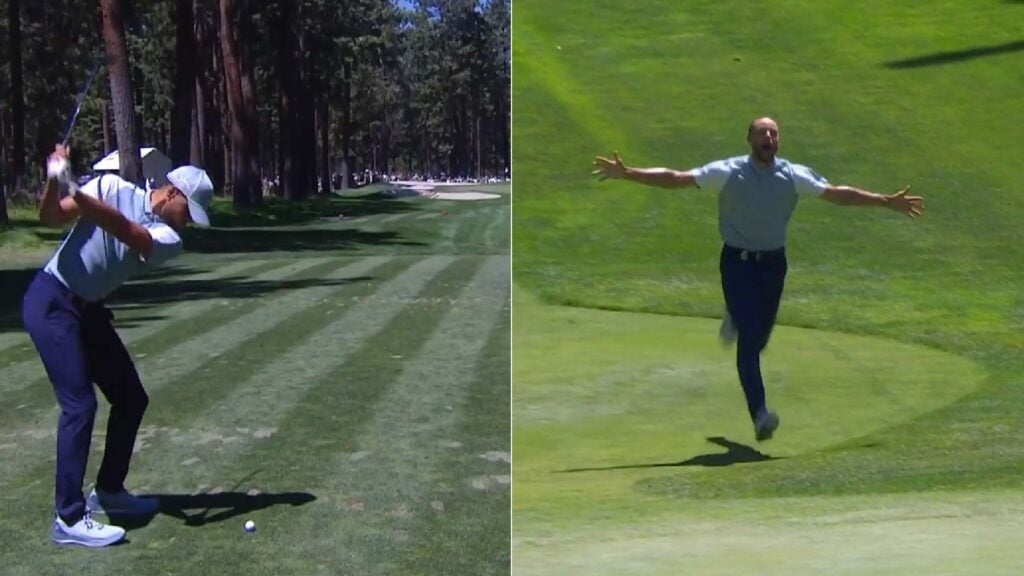 Steph Curry makes a hole-in-one during the second round of the 2023 American Century Championship