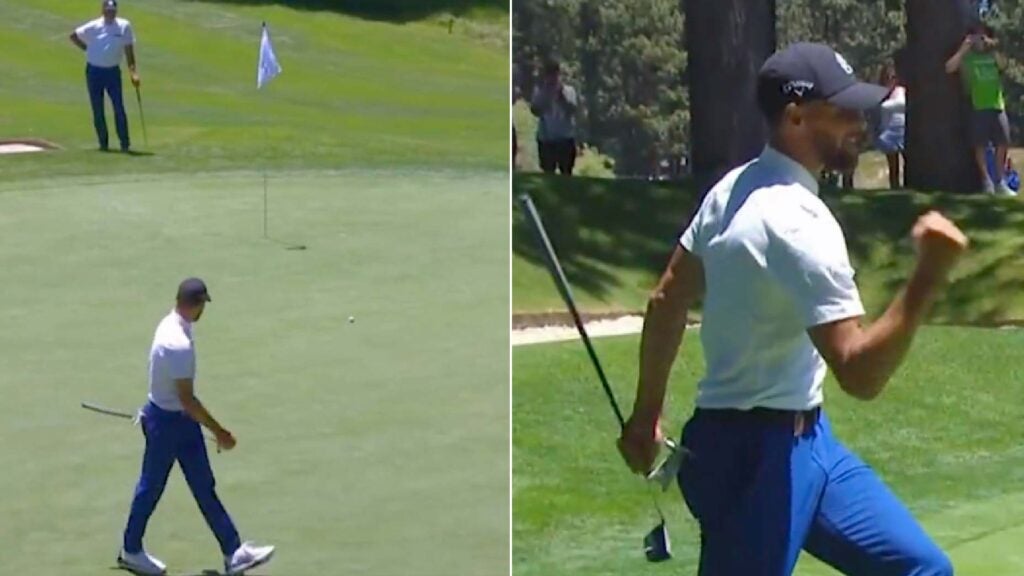 Steph Curry walks off an incredible birdie putt on Friday at the American Century Championship